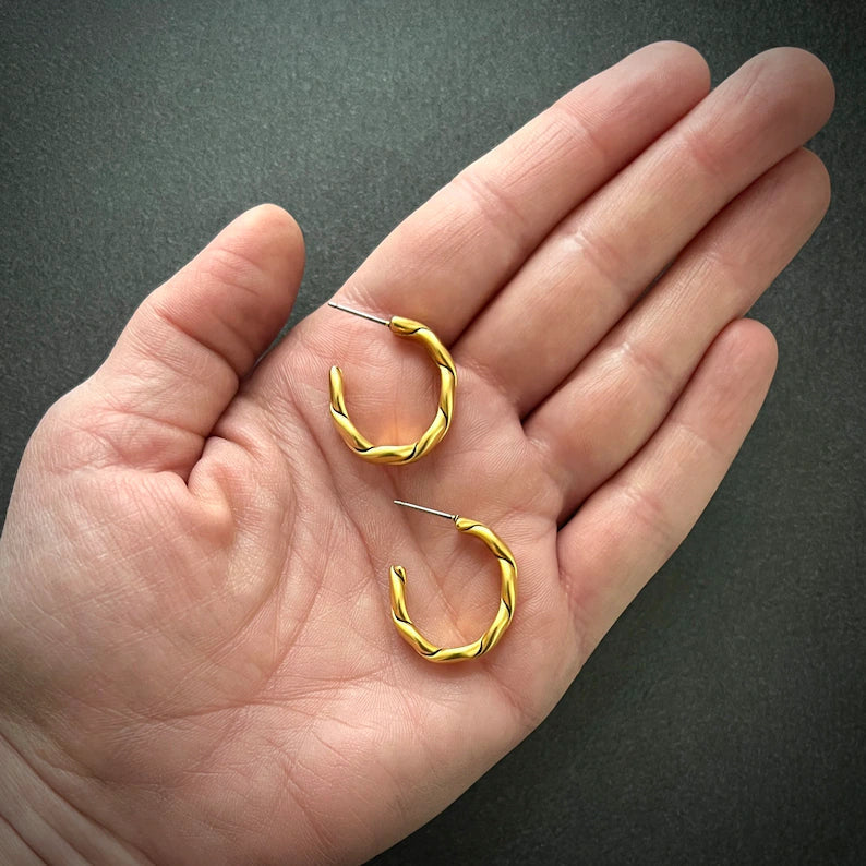 Gold Twisted Half Hoop Post, Rope Earrings, Simple Everyday Studs, JohnnyGirl Jewelry