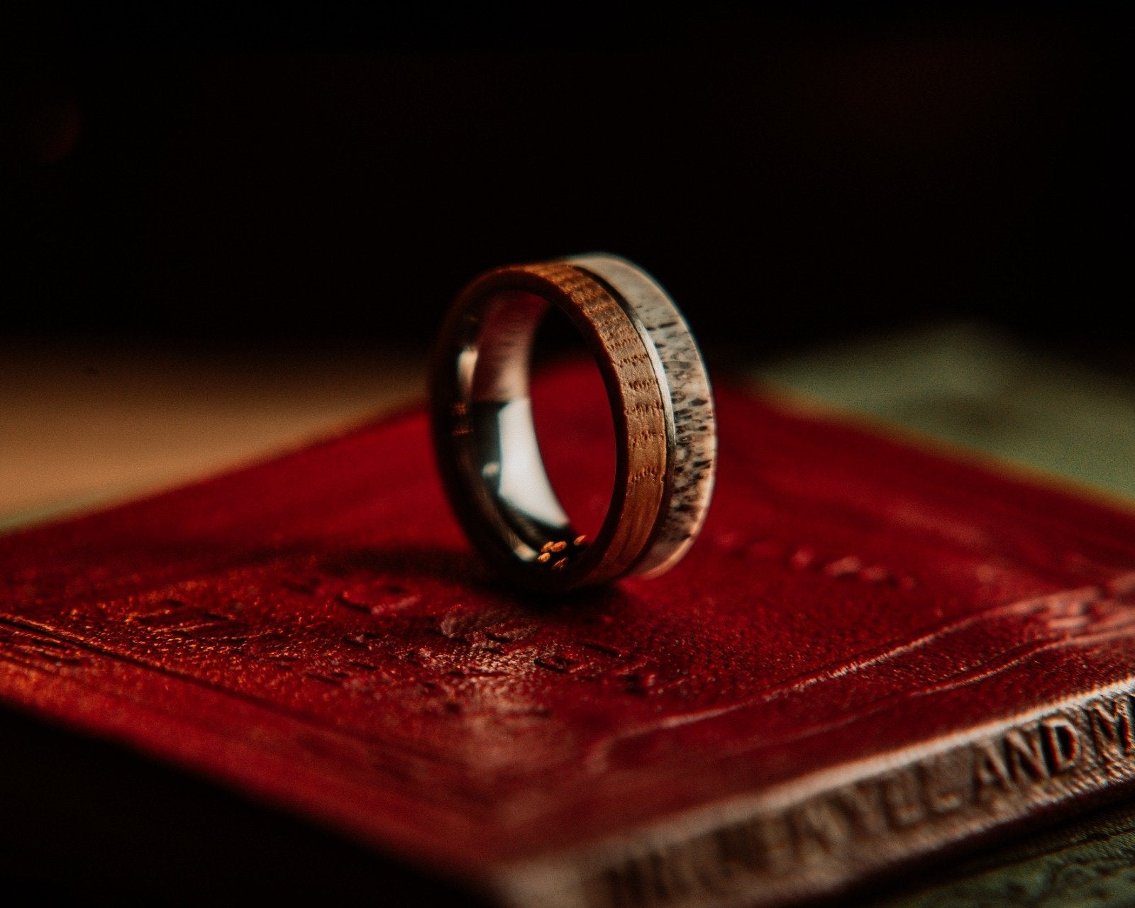 elk antler whiskey barrel mens ring