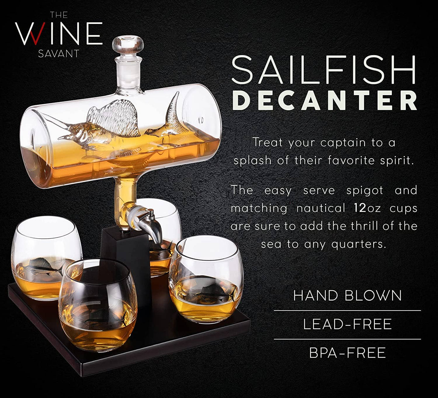 Sailfish Whiskey Decanter Dispenser and 4 Liquor Glasses