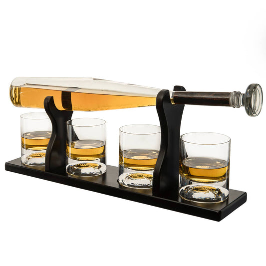 Baseball Bat Whiskey Decanter Set with 4 Baseball Glasses