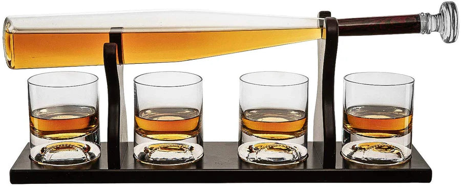 Baseball Bat Whiskey Decanter Set with 4 Baseball Glasses